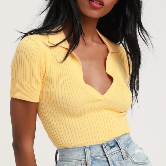 Lulus Tops - Faria’s Golden Ribbed Cropped Polo